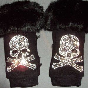 Skull Rhinestone Bling Gloves Fur Fingerless Black Women's Texting